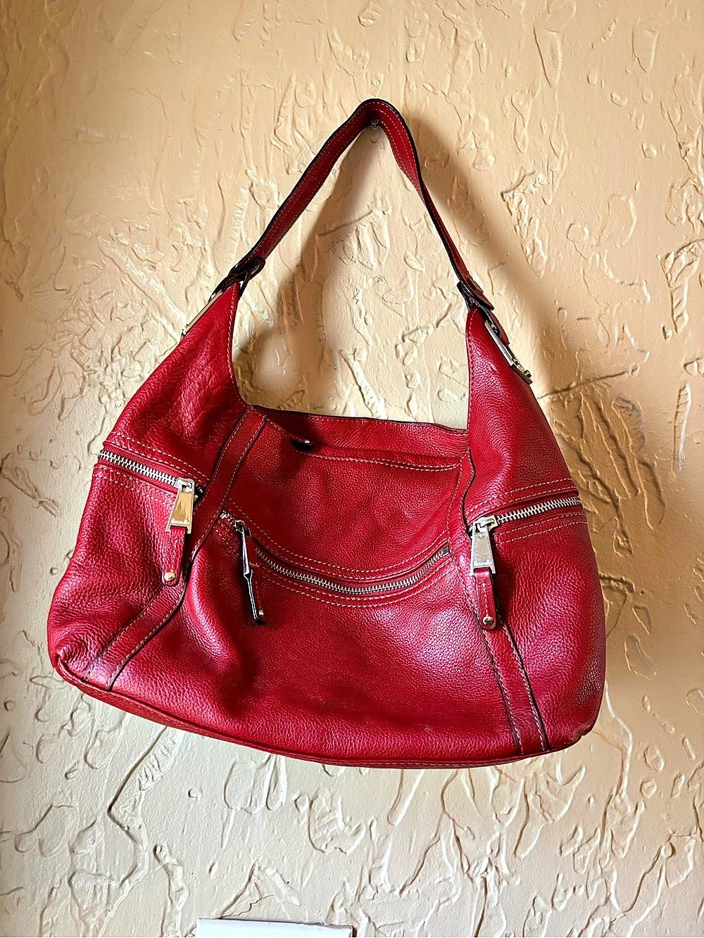 Tignanello Red Leather Shoulder Bag and Keychain